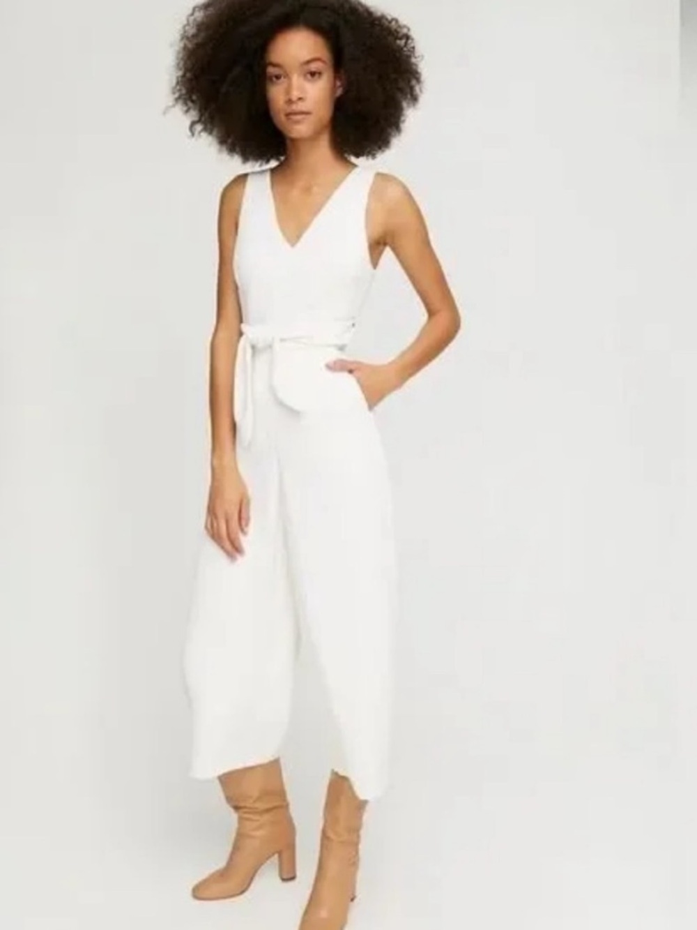 Wilfred Sleeveless V-Neck White Jumpsuit with Tie Waist